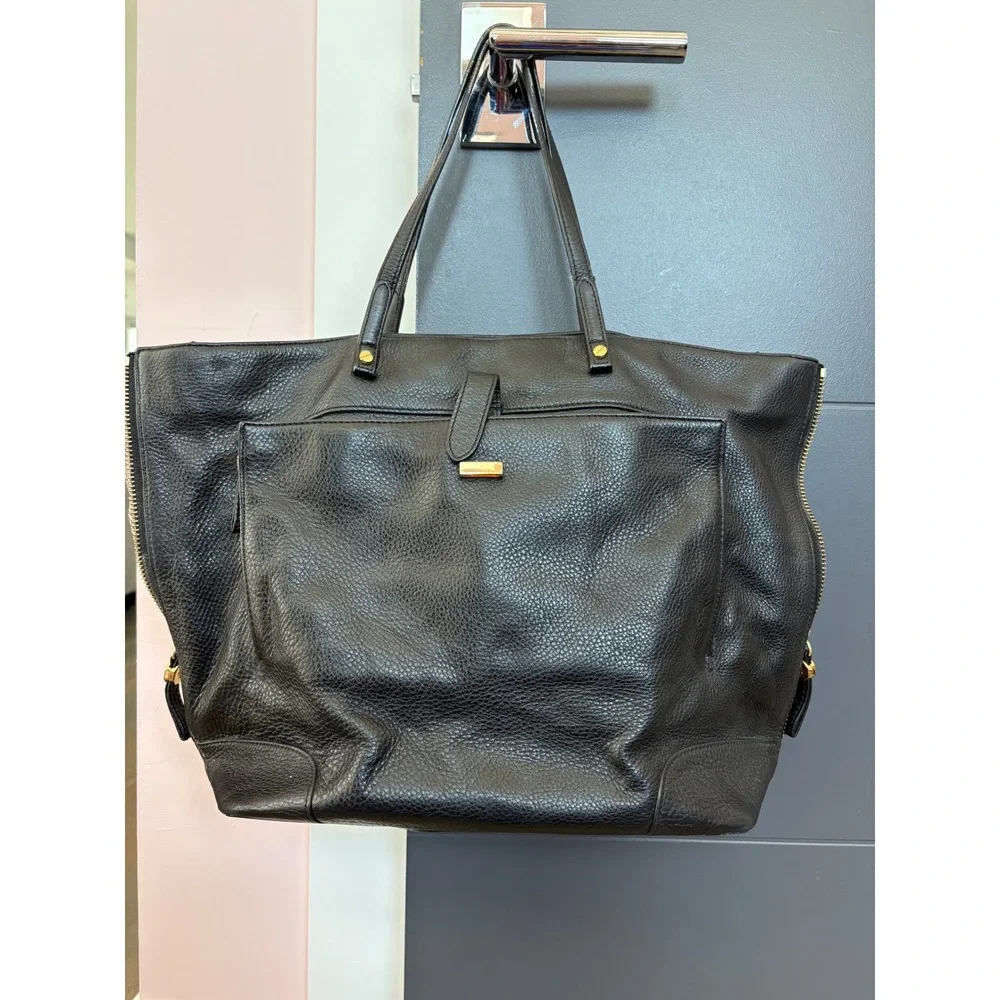Tory Burch Black Pebbled Leather Side Zip Snakeskin Gusset Tote Bag